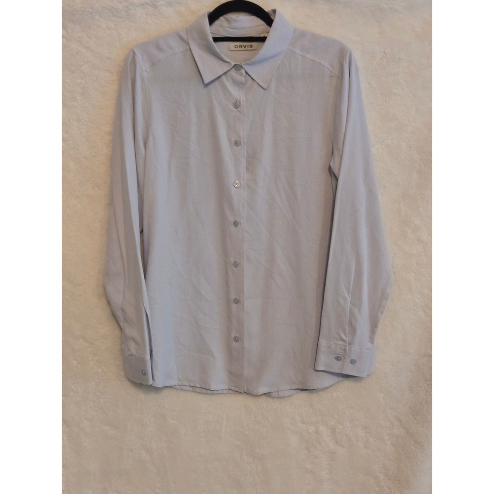 Orvis Mens Medium 100% Silk Long Sleeve Button Down Shirt Light‎ Blue Silver
